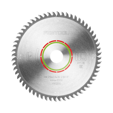 Hoja de sierra circular Festool HW 210x2,4x30 TF60 LAMINADO/HPL (493200) 210 x 2,4 x 30 mm 60 dientes para laminado, paneles revestidos, vidrio acrílico, paneles de resina de melamina y materiales de superficie sólida