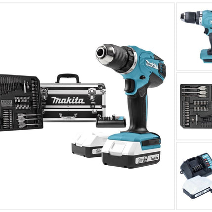 Makita DF 457 DWEX2 Akku Bohrschrauber 18 V 42 Nm G-Serie + 2x Akku 1,5 Ah + Ladegerät + 70 tlg. Zubehör Set + Koffer