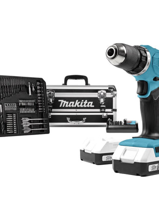 Makita DF 457 DWEX2 Akku Bohrschrauber 18 V 42 Nm G-Serie + 2x Akku 1,5 Ah + Ladegerät + 70 tlg. Zubehör Set + Koffer