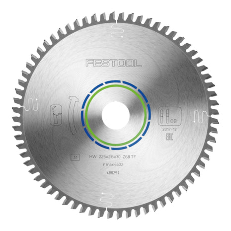 Festool HW 225x2,6x30 TF68 Lame circulaire Aluminium / Plastics ( 488291 ) 225 x 2,6 x 30 mm 68 dents pour l'aluminium, les métaux non ferreux, les plastiques, le PVC