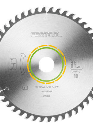 Hoja de sierra circular Festool HW 225x2,6x30 W48 WOOD FINE CUT (488289) 225 x 2,6 x 30 mm 48 dientes para tableros de bloques, contrachapados, tableros multiplex, vidrio acrílico, MDF