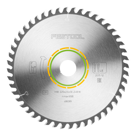 Hoja de sierra circular Festool HW 225x2,6x30 W48 WOOD FINE CUT (488289) 225 x 2,6 x 30 mm 48 dientes para tableros de bloques, contrachapados, tableros multiplex, vidrio acrílico, MDF