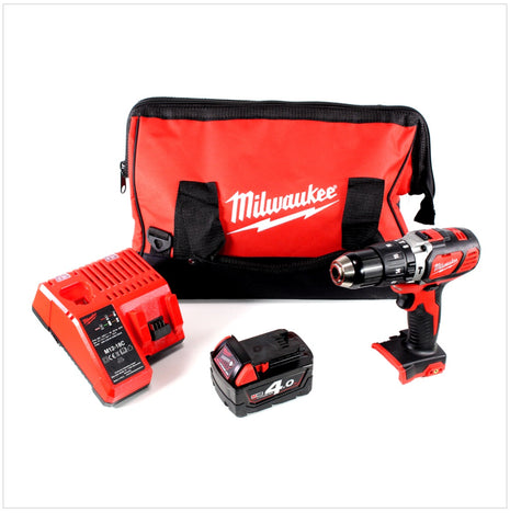 Milwaukee M18 BPD 18 V Akku Schlagbohrschrauber in Tasche + 1x M18 B4 4.0 Ah 18 V Red Li-Ion Akku + M12 - 18C Universal Akku Ladegerät - Toolbrothers