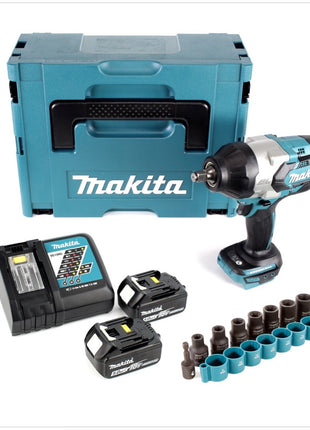 Makita DTW 1002 RTJ Akku Schlagschrauber 1/2“ 18V 1000Nm Brushless + 2x Akku 5,0Ah + Ladegerät + 9tlg. Steckschlüssel Set + Makpac - Toolbrothers