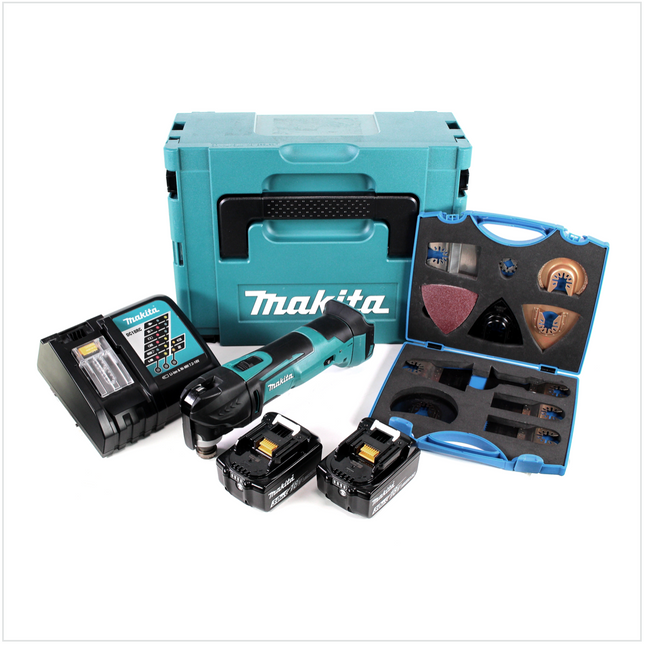 Makita DTM 51 RTJ 18V Li-Ion Akku Multifunktionswerkzeug im Makpac + 2x BL 1850 B 5,0 Ah Li-Ion Akku + DC 18 RC Akku Schnellladegerät + Wellcut MT-20 Sägeblätter Klingen - Toolbrothers