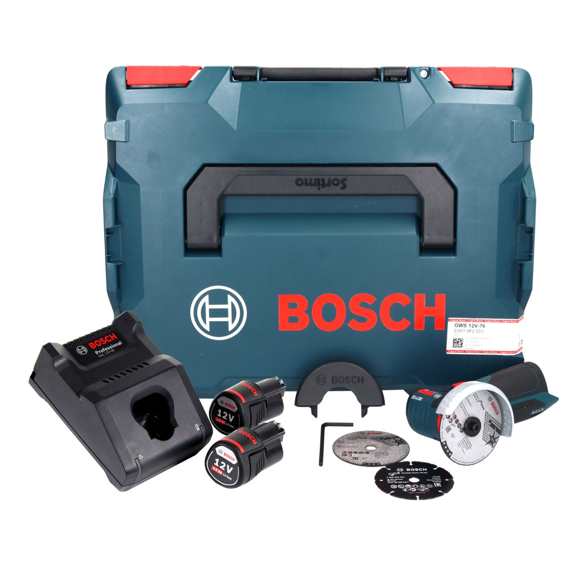 Bosch GWS 12V-76 Smerigliatrice angolare professionale a batteria 12 V 76 mm senza spazzole + 2x batteria ricaricabile 3,0 Ah + caricabatterie + L-Boxx