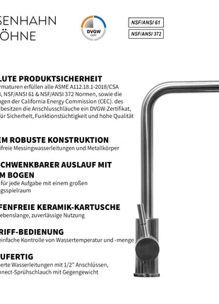 Rosenhahn & Söhne Föhr 100 Küchenarmatur 360° drehbarer Wasserhahn Küche - Armatur Küche [gebürsteter Edelstahl] - 2-fach verstellbare Spültischarmatur + Anschlussschläuche - Toolbrothers