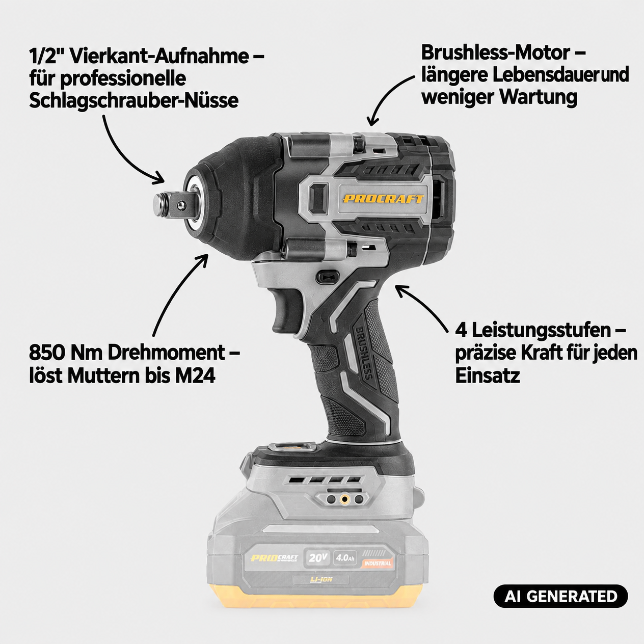 Avvitatore a impatto a batteria ProCraft Industrial IW850A-BB 20 V 850 Nm 1/2" brushless + 1 batteria da 4,0 Ah + caricabatterie