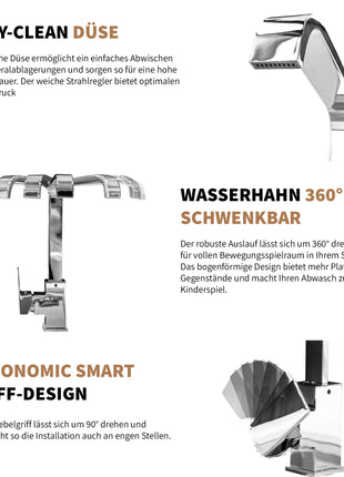 Rosenhahn & Söhne Juist 200 Küchenarmatur 360° Drehbarer Wasserhahn Küche - Armatur Küche [Chrom] - 2-fach verstellbare Spültischarmatur + Anschlussschläuche - Toolbrothers