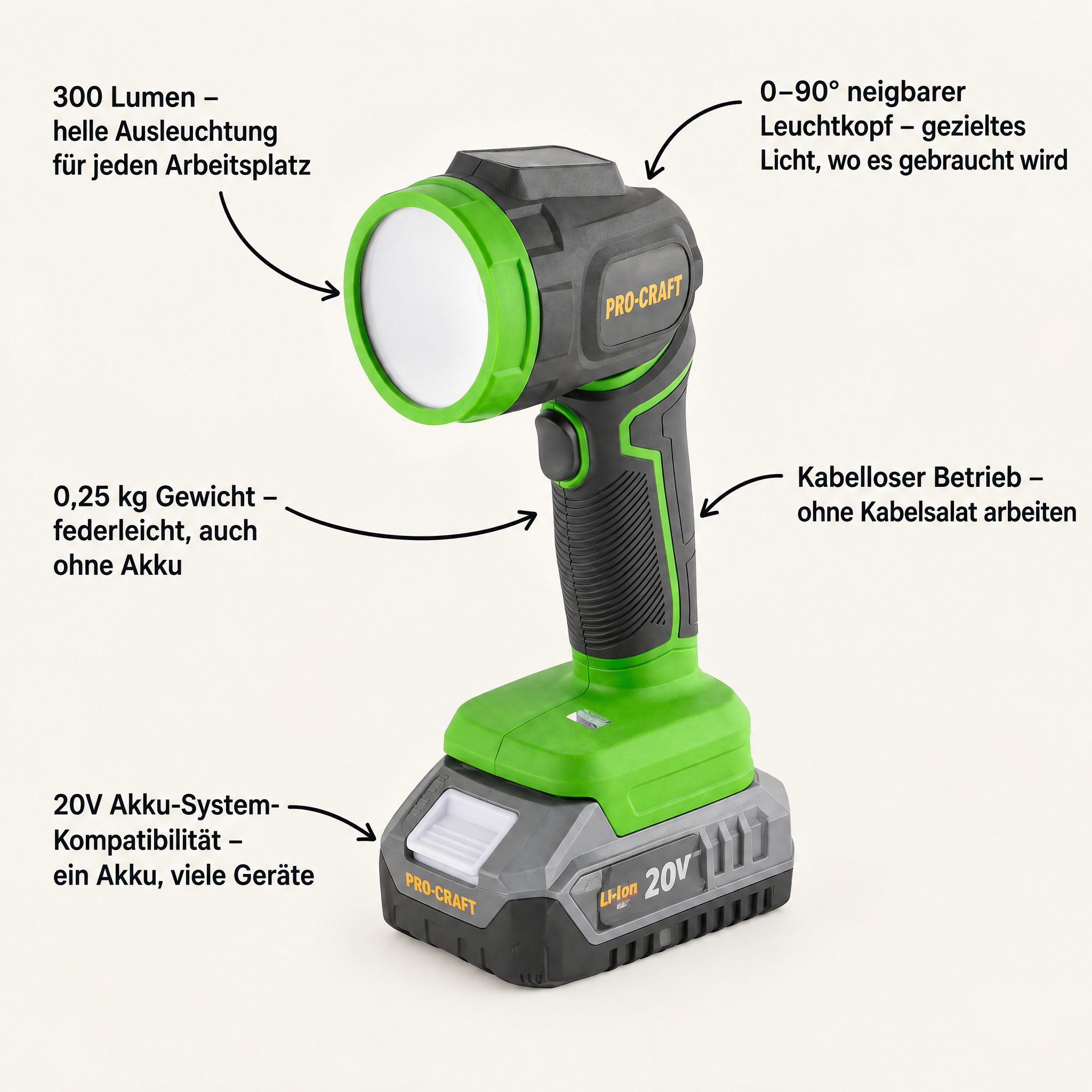 Procraft LL18bb Faretto LED a batteria 20 V 300 lm + 1x batteria 2,0 Ah - senza caricabatterie