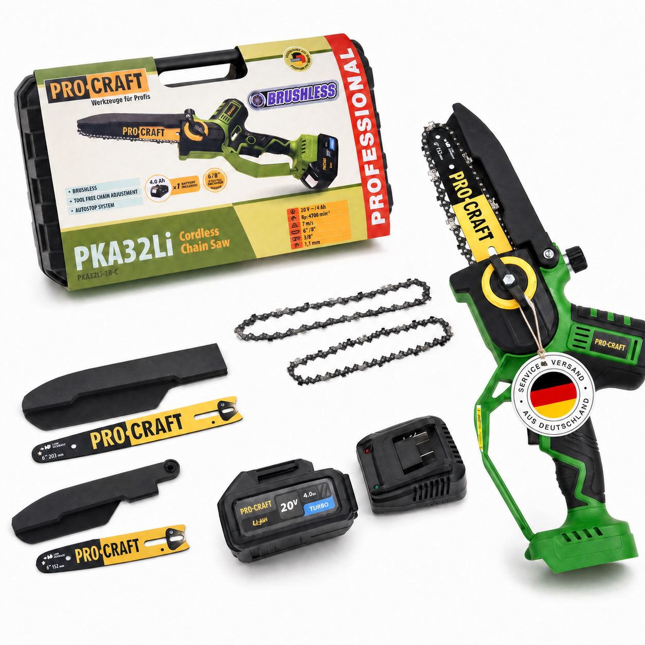 Motosega a batteria Procraft PKA32Li 20 V 203 mm Brushless + 1x batteria 4,0 Ah + caricabatteria + valigetta