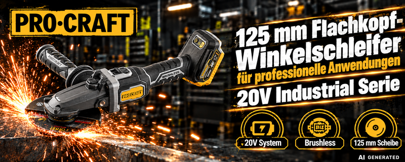 Procraft Industrial AG125Cbb Smerigliatrice angolare a testa piatta con batteria 20 V 125 mm Brushless + 1x batteria 4,0 Ah + caricabatteria