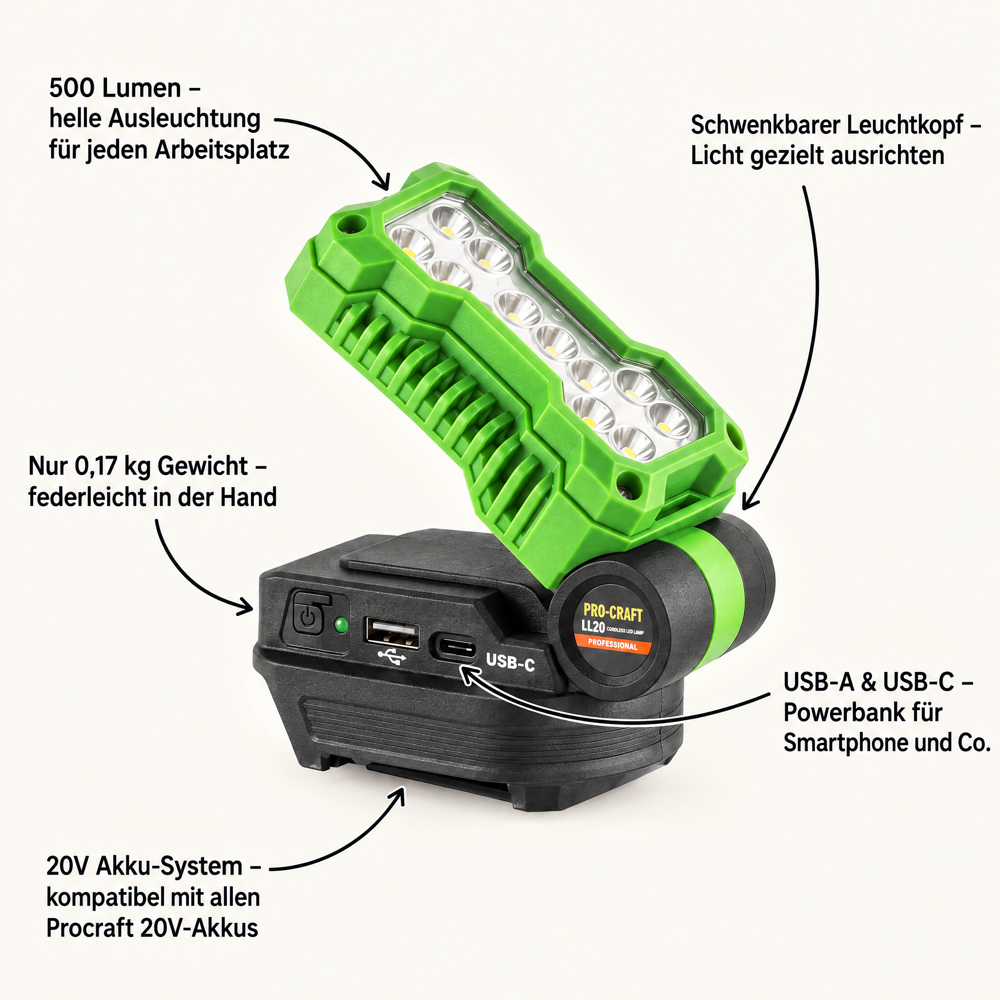 Procraft LL20bb Faretto LED a batteria 20 V 500 lm + 1x batteria 4,0 Ah + caricabatteria