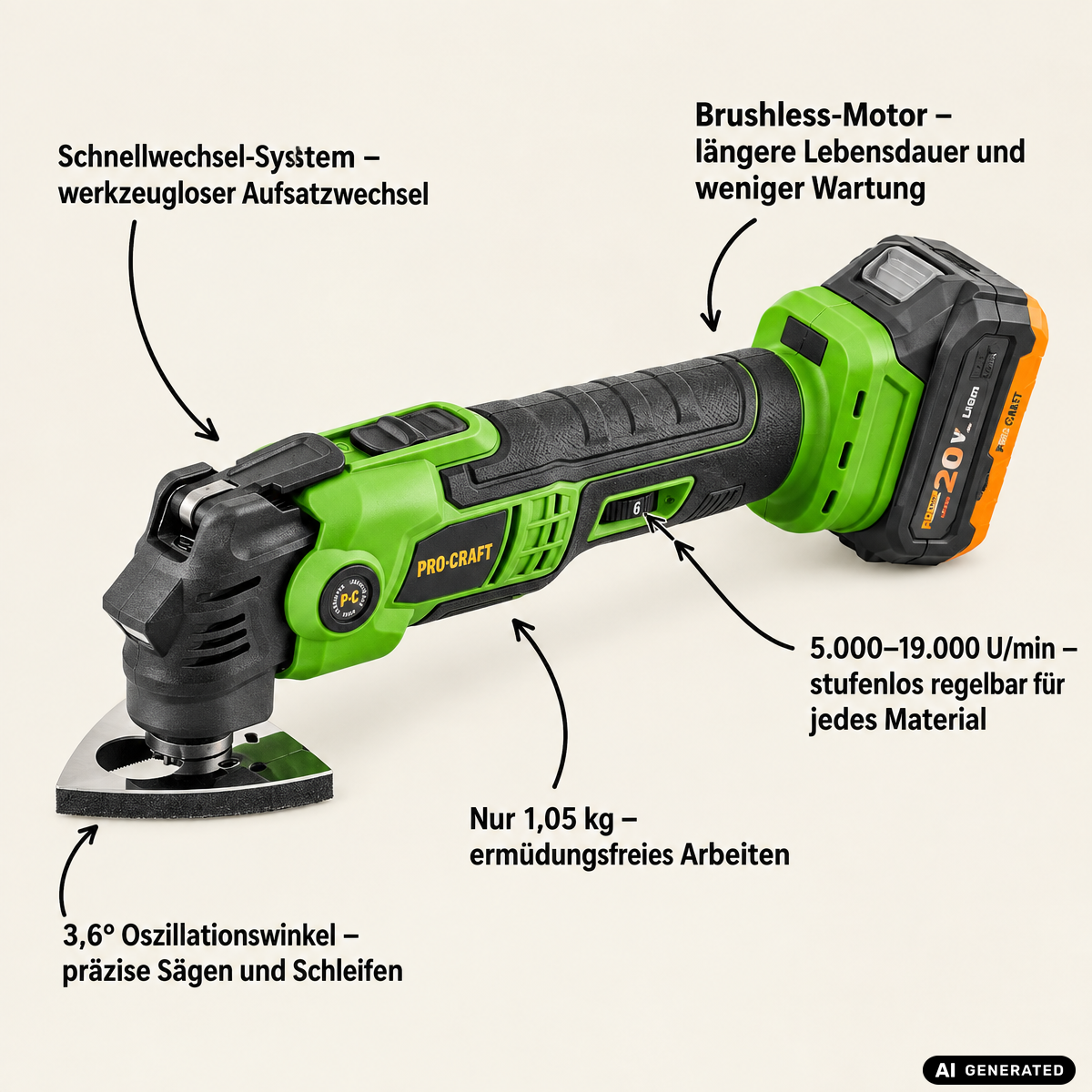 Utensile multifunzione a batteria Procraft PMT22bb 20 V Brushless - senza batteria, senza caricabatteria