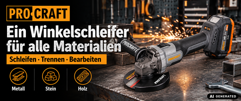 Procraft Industrial AG125Abb Smerigliatrice angolare a batteria 20 V 125 mm Brushless Solo - senza batteria, senza caricabatteria