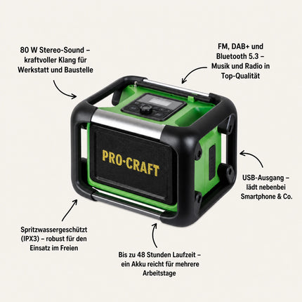 Radio da cantiere a batteria Procraft PJS20bb 20 V 80 W FM DAB+ Bluetooth Solo - senza batteria, senza caricabatterie