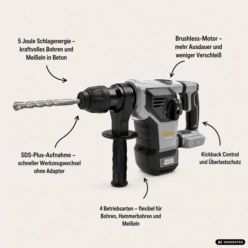 Martello combinato a batteria Procraft Industrial HD20B-BB-C 20 V 5 J SDS plus Brushless + 2 batterie da 8,0 Ah + caricabatterie + valigetta