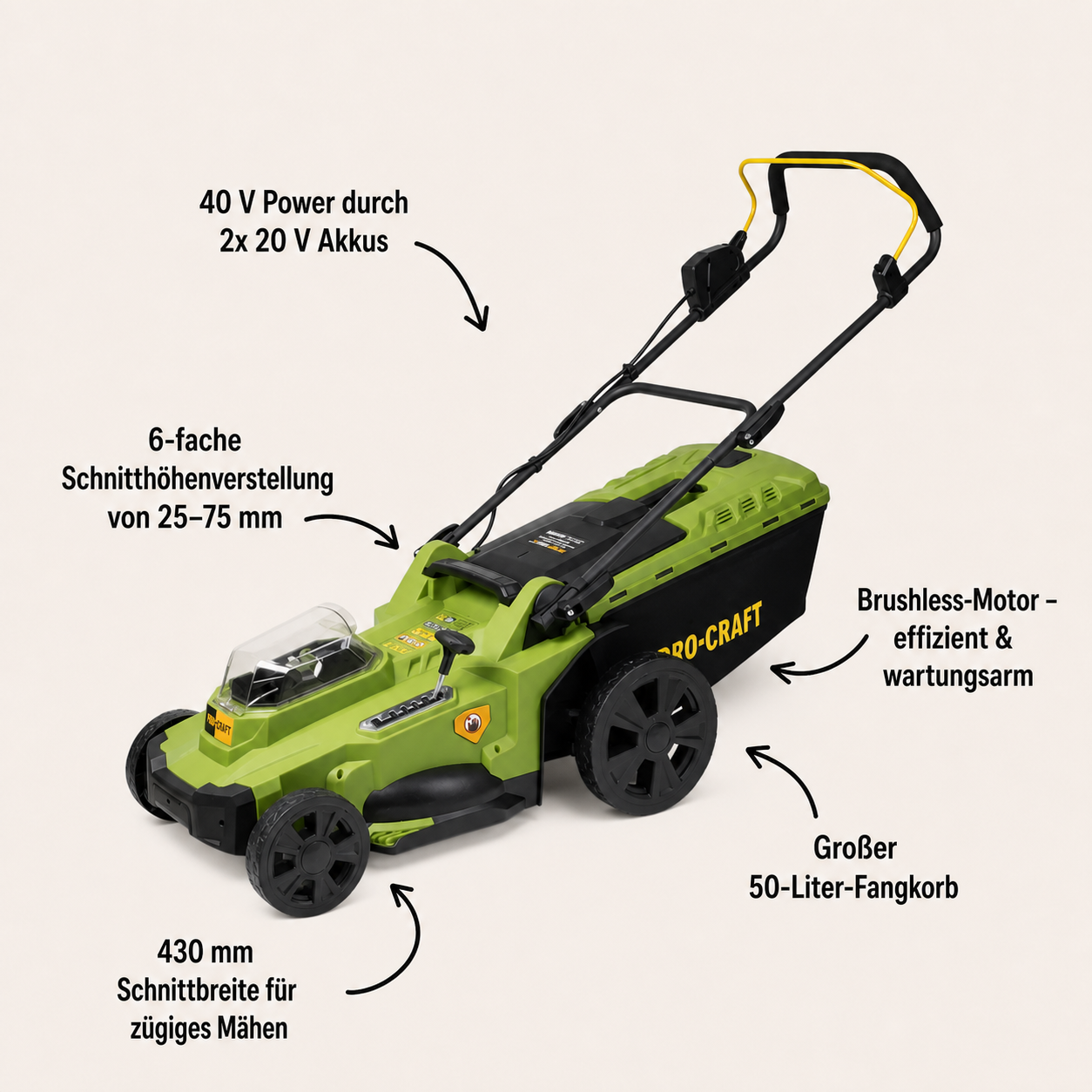 Tosaerba a batteria Procraft PLM22bb 40 V (2x 20 V) 430 mm Brushless Solo - senza batteria, senza caricabatteria