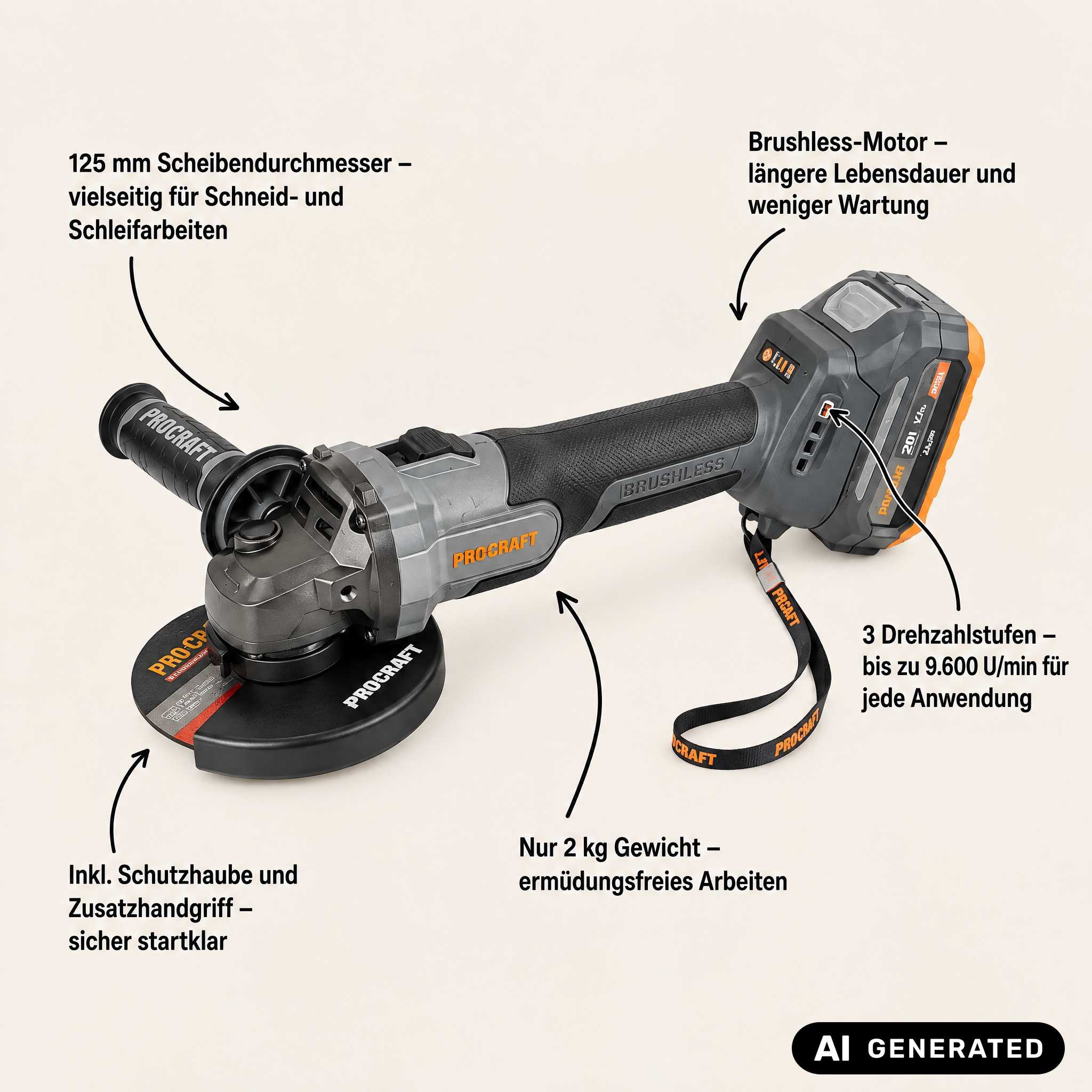 Procraft Industrial AG125Abb Smerigliatrice angolare a batteria 20 V 125 mm Brushless Solo - senza batteria, senza caricabatteria