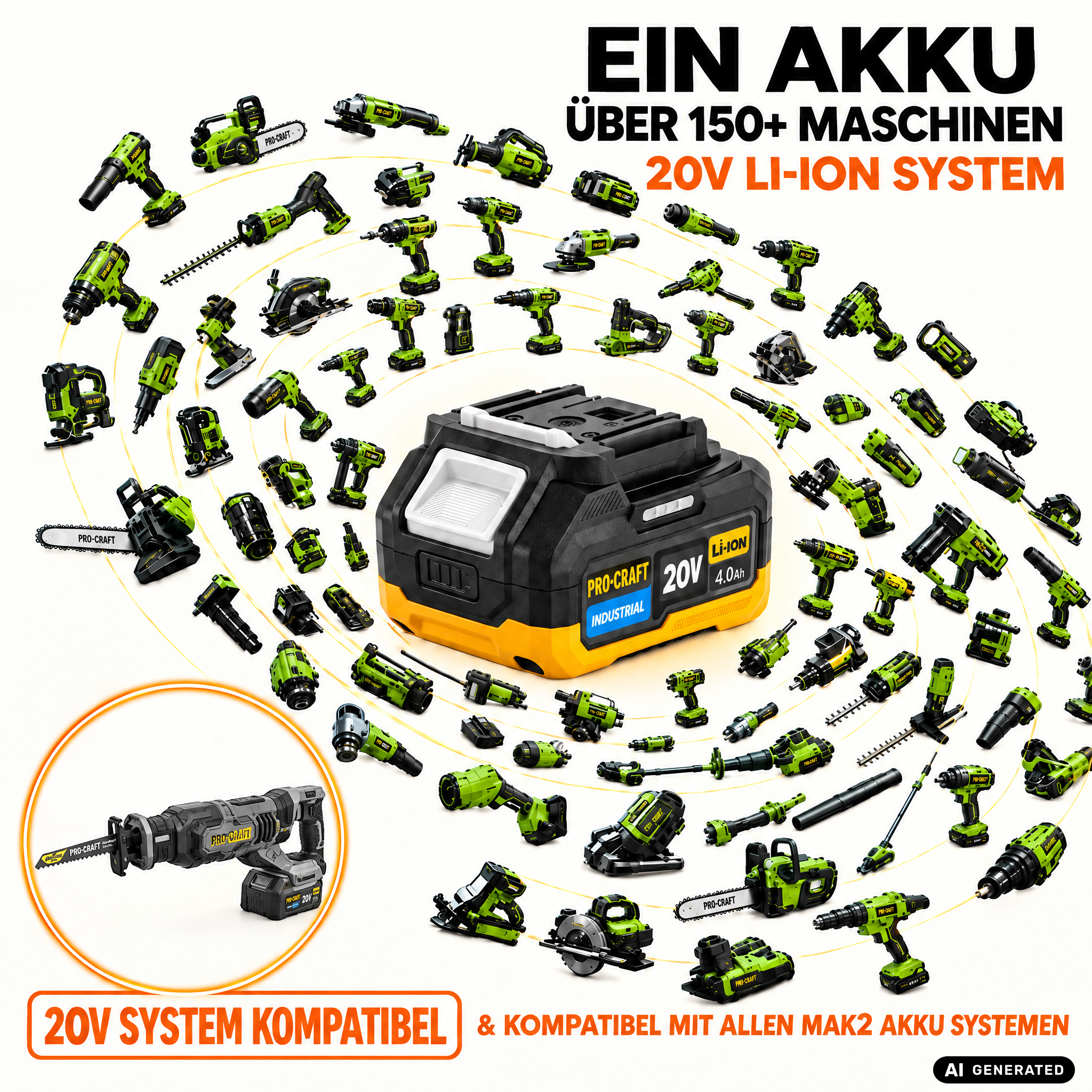 Procraft Industrial RS20Abb Seghetto alternativo 20 V Brushless + 1x batteria 2,0 Ah + caricabatteria