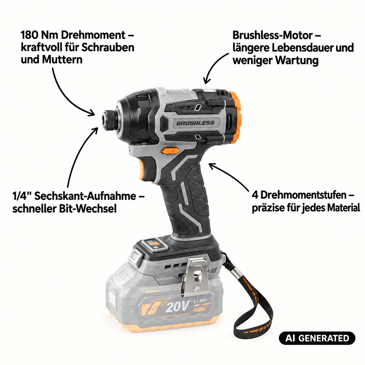 Avvitatore a impatto a batteria Procraft ID20Abb 20 V 180 Nm 1/4" + 1x batteria 4,0 Ah + caricabatteria + valigetta RHINO