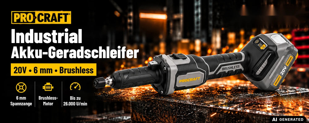 Smerigliatrice diritta a batteria Procraft Industrial DG20A-BB 20 V 6 mm Brushless + 1x batteria 4,0 Ah + caricabatteria