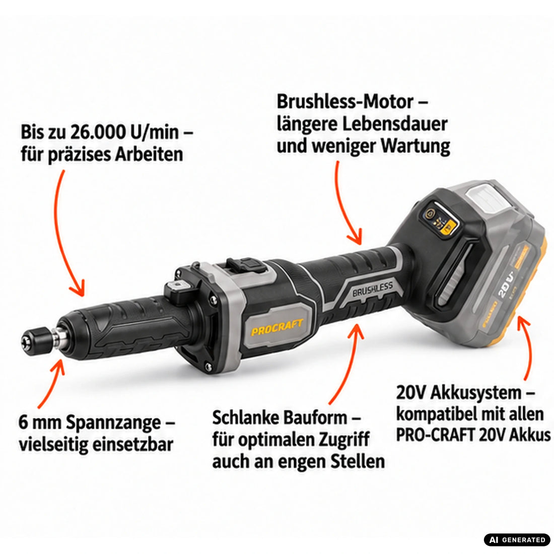 Smerigliatrice diritta a batteria Procraft Industrial DG20A-BB 20 V 6 mm Brushless + 1x batteria 4,0 Ah + caricabatteria