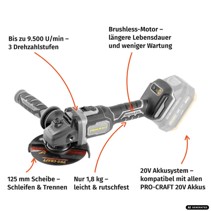 Smerigliatrice angolare a batteria Procraft Industrial AG125Bbb 20 V 125 mm Brushless + 1x batteria 2,0 Ah + caricabatteria + valigetta porta attrezzi RHINO
